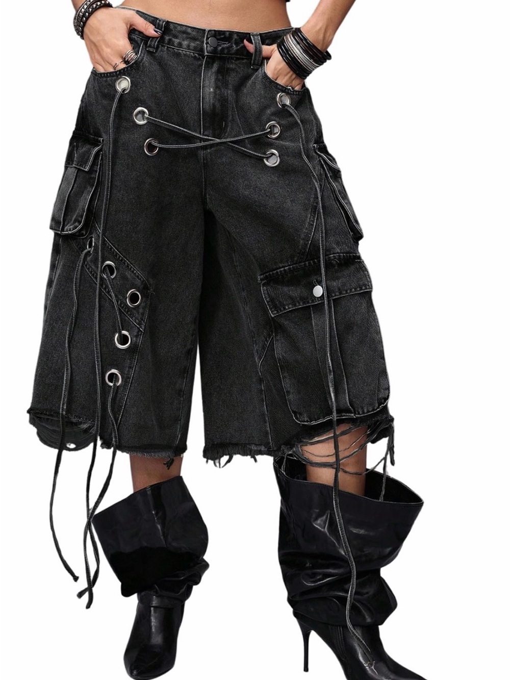 Women's Black Distressed Boyfriend Cargo Jeans with Grommet Lacing